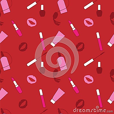 Red and pink makeup seamless vector pattern for momen. Makeup background. Vector Illustration