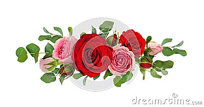 Red and pink rose flowers with eucalyptus leaves in a line arrangement Stock Photo