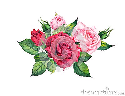 Red, pink roses - floral composition. Watercolor for wedding card Stock Photo