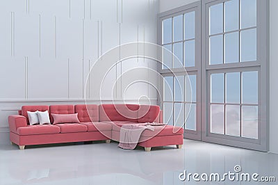 Red-pink sofa of love Valentine`s Day. Background and interior. 3D render. copy space Stock Photo