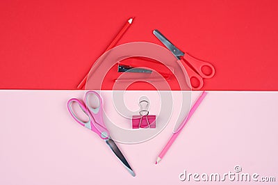 Red and pink stationery. flat lay Stock Photo