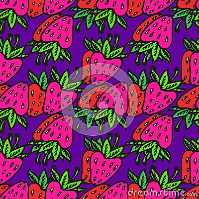 Red and pink strawberries, hand drawn doodle on blue background Stock Photo