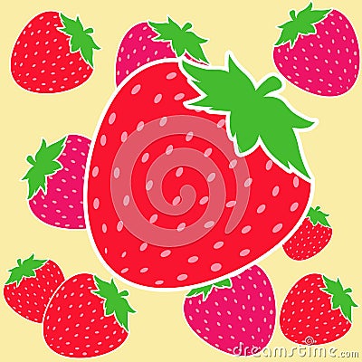 Red and pink strawberries, yellow background Vector Illustration