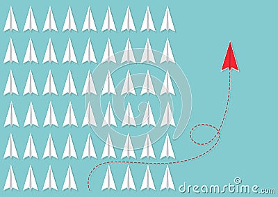 Red plane changing direction differently from white planes, business innovation leadership think different new idea concept Vector Illustration