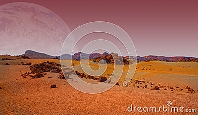 Red planet with arid landscape, rocky hills and mountains, and a giant Mars-like moon at the horizon Stock Photo