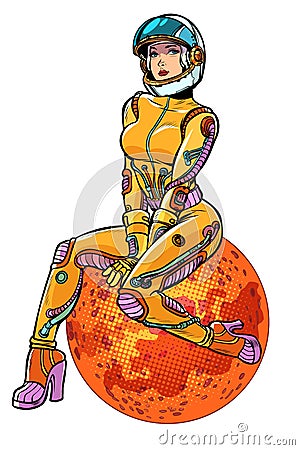 Red planet Mars sexy beautiful woman astronaut isolate on white background Vector Illustration