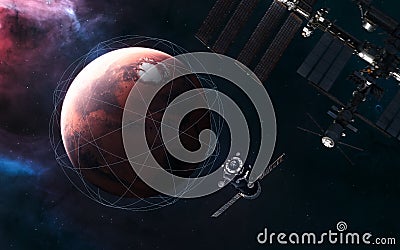 Red planet of solar system. Mars. Visualization of satellite orbits. Space stations blurred in motion. 3D render Stock Photo