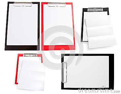 Red plastic clipboard with blank paper sheet isolated on white Stock Photo