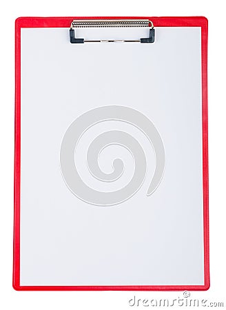 Red plastic clipboard with blank paper sheet Stock Photo