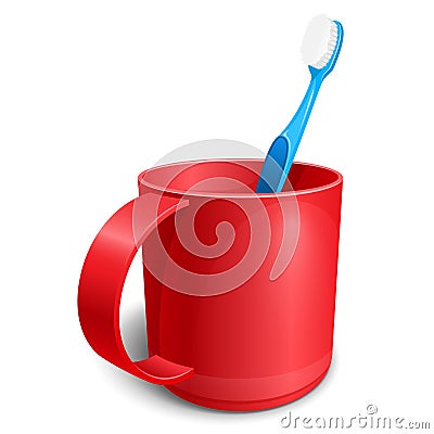 Red plastic cup with blue toothbrush Vector illustration. Vector Illustration