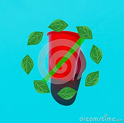 Red plastic drinking cup with no symbol banned sign from hand drawn green leaves circle on blue backdrop. Environmental protection Stock Photo