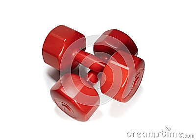 Red Plastic Dumbells Placed On Each Other, Isolated On White Background Stock Photo