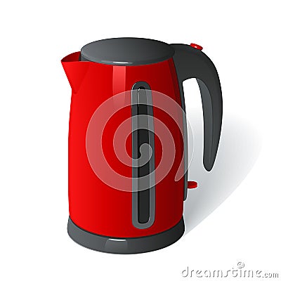 Red plastic electric kettle on a round base with a handle on a white background Vector Illustration