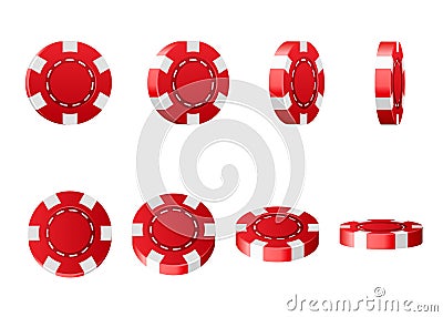 Red plastic Poker Chips realistic set. 3d Chips flipped different angles isolated on white background. Jackpot and success concept Vector Illustration