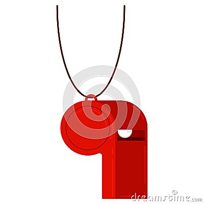 Red plastic sport referee whistle on a lace with ball icon isolated on white background. Vector Illustration