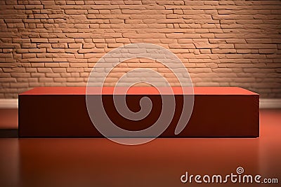 Red plinth against a warm brick background, studio setting, soft light. Generative AI Stock Photo