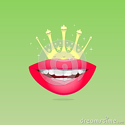 Red plump glamorous lips with gold crown Stock Photo