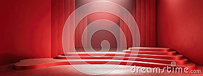 red podium, illuminated, stands ready for showcasing product or message. unique circular steps and backdrop create an inviting Stock Photo