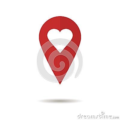 Red pointer with heart inside sign of location place location with shadow Stock Photo