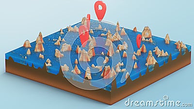 Red pointers, markers on the 3D map navigation. Contour lines on a topographic map. Studying the geography of the area Cartoon Illustration