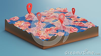 Red pointers, markers on the 3D map navigation. Contour lines on a topographic map. Studying the geography of the area Cartoon Illustration