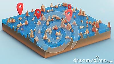 Red pointers, markers on the 3D map navigation. Contour lines on a topographic map. Studying the geography of the area Cartoon Illustration