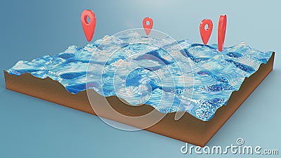 Red pointers, markers on the 3D map navigation. Contour lines on a topographic map. Studying the geography of the area Cartoon Illustration
