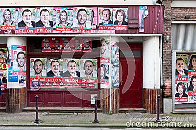 Red political posters, Charleroi, Belgium Editorial Stock Photo