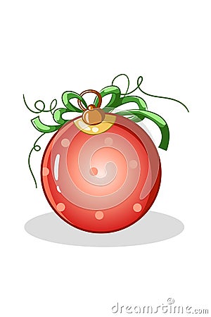 A red polka dot Christmas ball with green ribbon illustration Vector Illustration