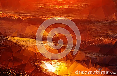 Red polygon pattern. hexagon background of the bright red sunset among the waves and pebbles Stock Photo