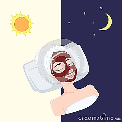 Red Pomegranate, Strawberry Natural Day and Night Mask on Beautiful Woman Face, Illustration Vector Design Vector Illustration