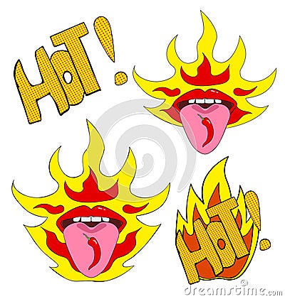 Red pop art lips, red chili pepper on the tongue. Girl shows tongue. Inscription hot and yellow-red flame. Set for spicy food or Vector Illustration