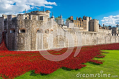 Red poppies art installation at Tower of London, UK Editorial Stock Photo