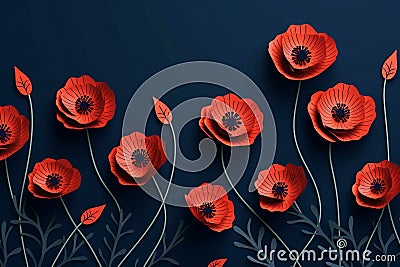 Red poppies on blue background. Remembrance Day, Armistice Day, Anzac day symbol. Paper cut art style Stock Photo