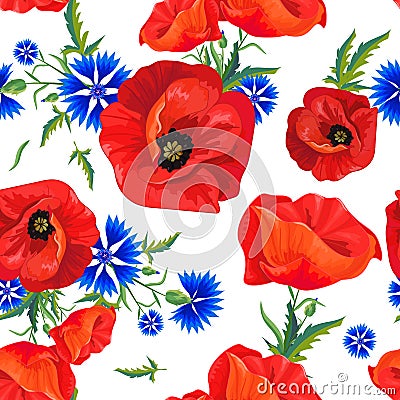 Red poppies, blue cornflowers Vector Illustration