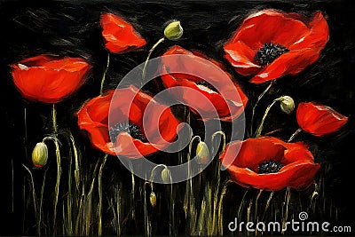 Red poppies flowers background, oil painting style on black background Cartoon Illustration