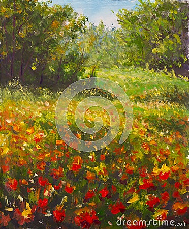 Red poppies painting. Field of red beautiful flowers in warm summer forest wood. Oil painting palette knife impasto modern impress Stock Photo