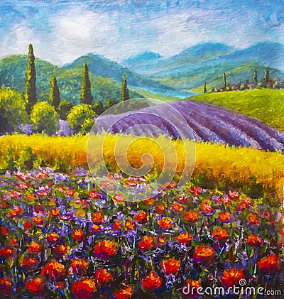 Red poppies painting. Italian summer countryside. French Tuscany. Field of yellow rye. Rural houses and high cypress trees on hill Stock Photo