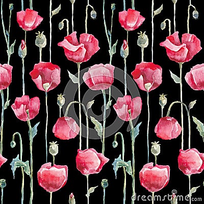 Red poppies. Seamless watercolor pattern Stock Photo