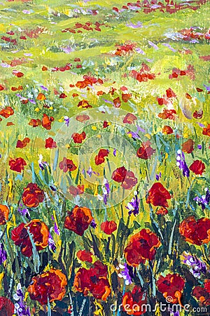 Red poppies tulips rose Flowers in green grass palette knife painting Cartoon Illustration