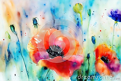 Red poppies watercolor abstract background, poppies flowers artistic background. Generative AI Cartoon Illustration