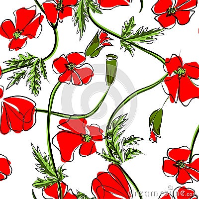 Red poppies on a white background. Floral seamless pattern with big bright flowers. Summer vector illustration for print textile, Vector Illustration