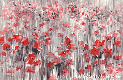 Red poppy field in a grey watercolor background Stock Photo