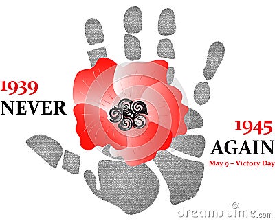 Red poppy flower with hand print. 1939-1945 never again. May 9 - Victory day Stock Photo