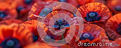 Red poppy flowers background, closeup. Remembrance Day or Armistice Day rolls banner with copy space Stock Photo