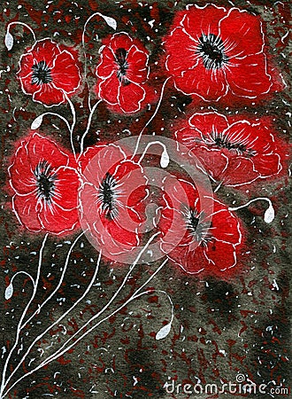 Red poppy flowers on dark background, watercolor abstract painting with red poppies Stock Photo