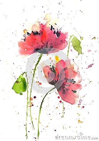 Red poppy flowers modern art style watercolor painting Stock Photo