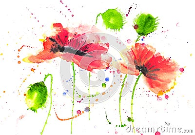 Red poppy flowers modern art style watercolor painting Stock Photo