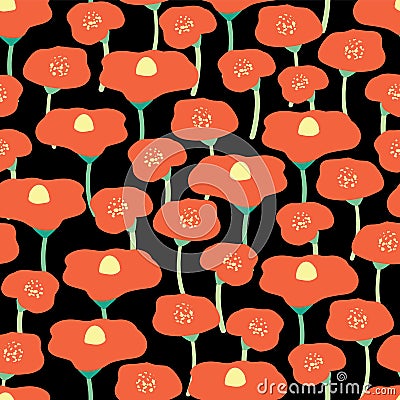 Red poppy flowers seamless vector background. Red poppies meadow on black background. Retro floral background. Flower field. Hand Vector Illustration