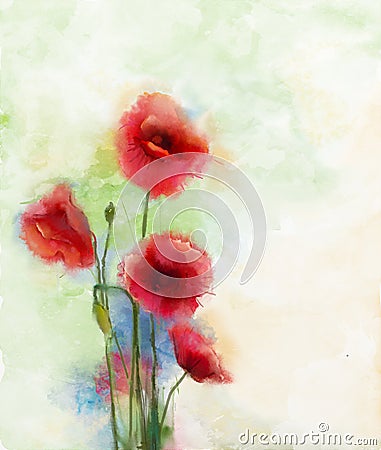 Red poppy flowers watercolor painting Stock Photo